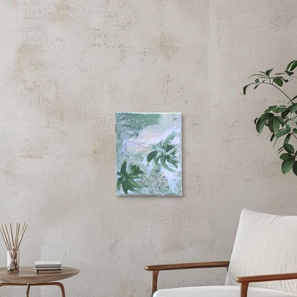 Abstract Art Green, Pink and White Floral Design - New - 11x 14 inches - Picture 2 of 2